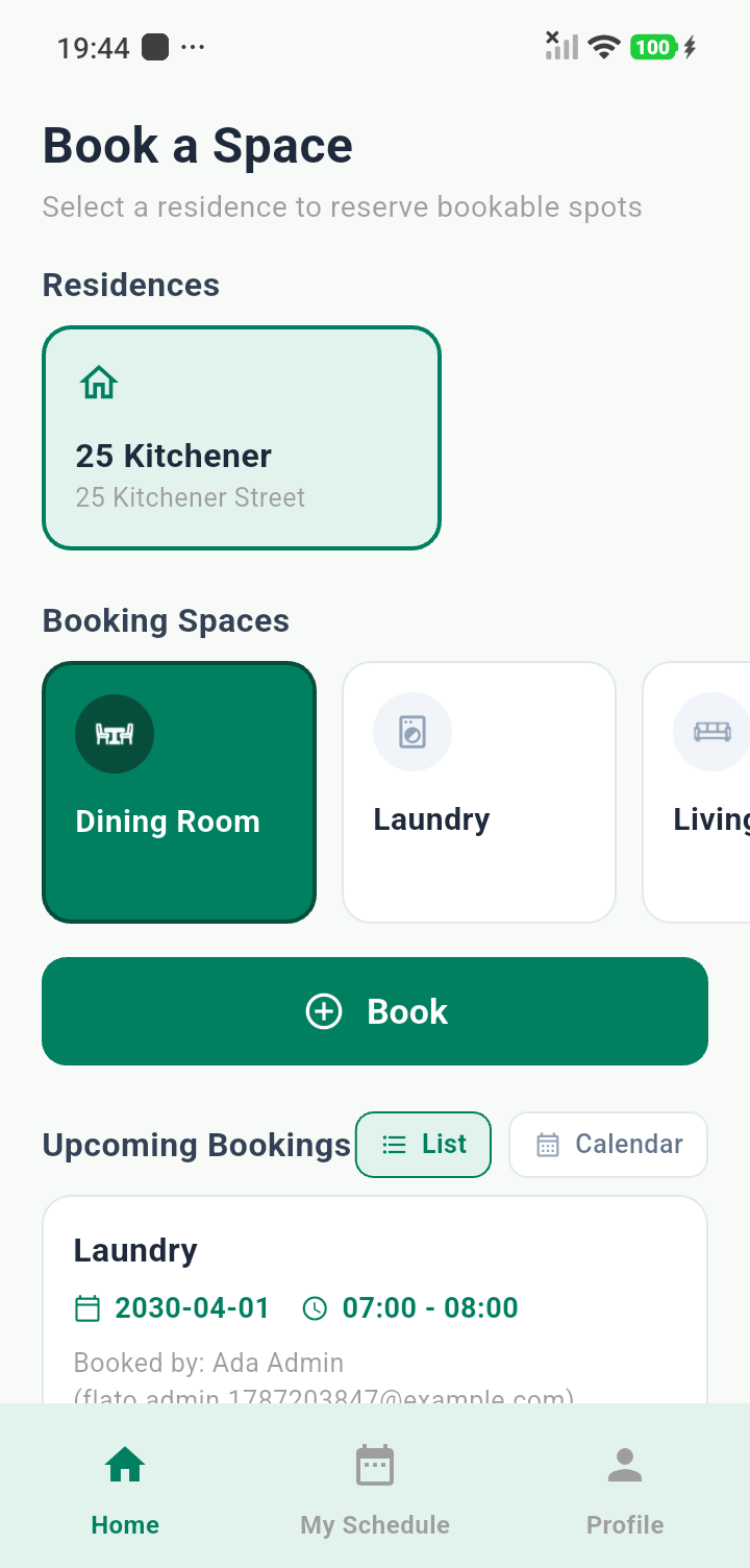 The Lizmigo app showing 25 Kitchener, its bookable spaces and the week's bookings