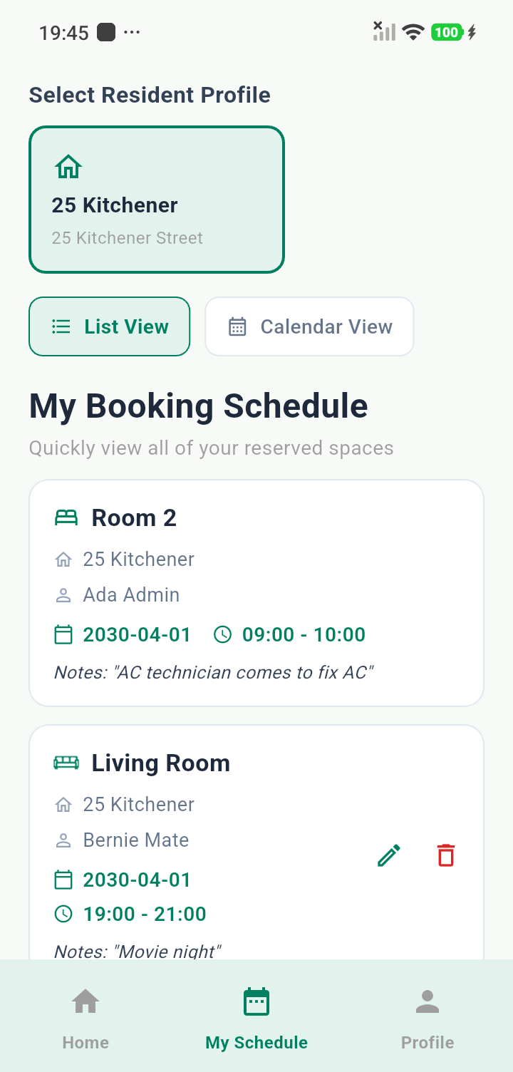My Booking Schedule: a booking made by an admin on the viewer's room, and the viewer's own